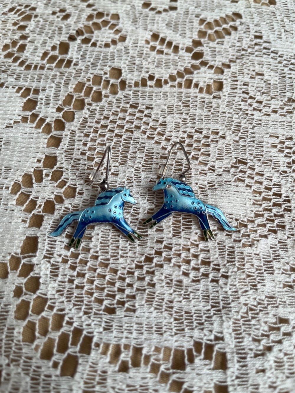 Vintage Enamel Horse Earrings, Blue & Green